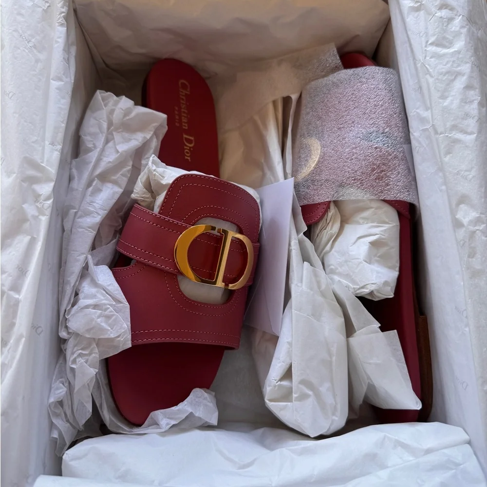 New - Dior Dusty-Pink 30 MONTAIGNE Leather Slide Sandals with Gold 'CD' Buckle